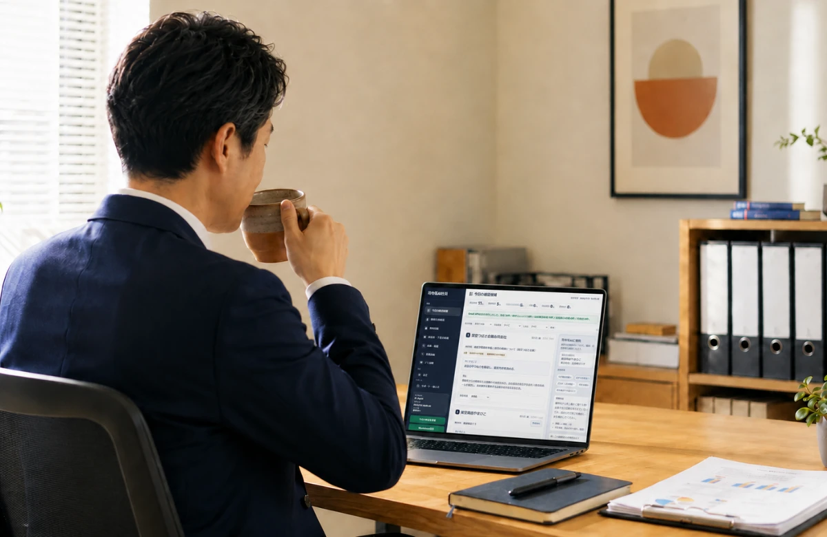 朝、税理士がコーヒーを飲みながらPCで今日の確認事項を見ている様子